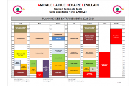 Mise à jour du Planning des Entraînements BARTLET 2023-2024